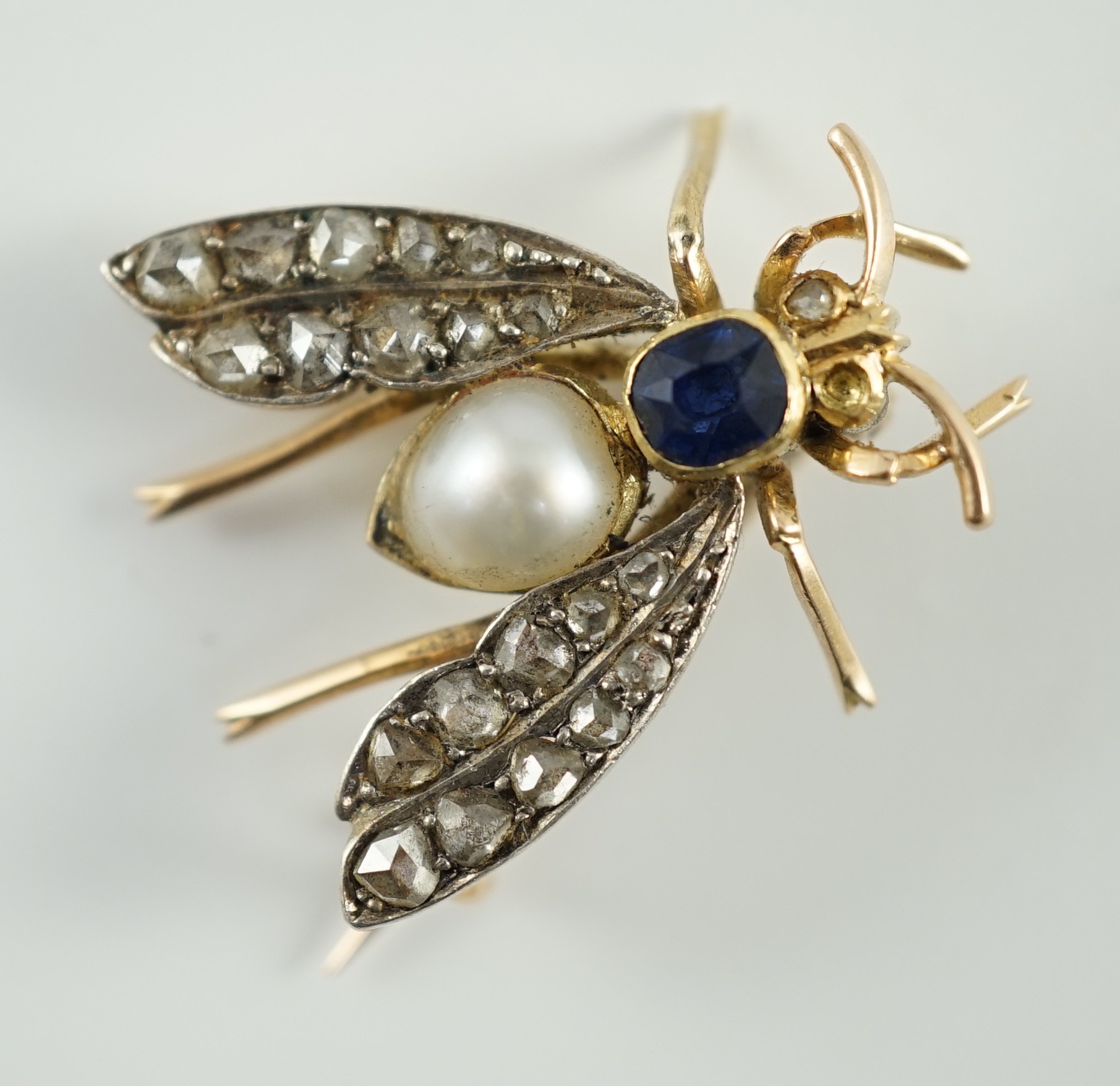 A late Victorian gold, sapphire, baroque pearl and rose cut diamond set bug brooch